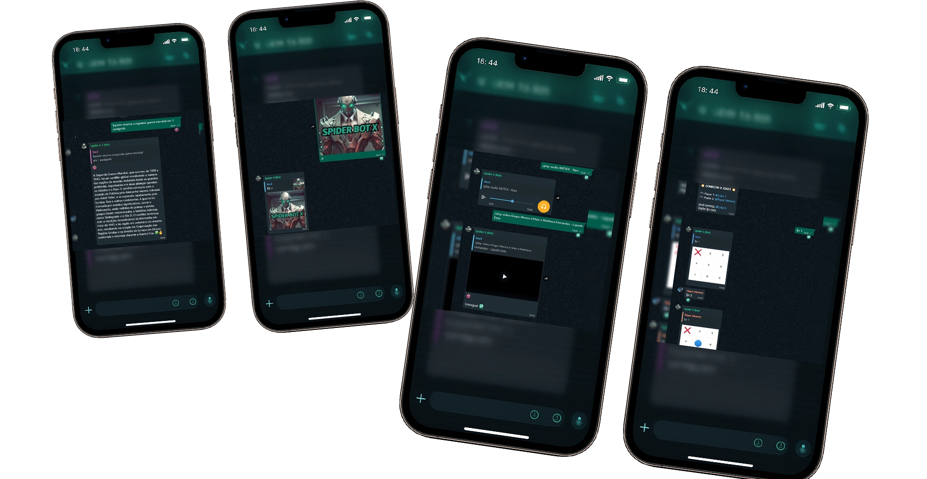 Imagem mostrando interface do bot de WhatsApp com exemplos de proteção de grupo, download de mídias e jogos interativos disponíveis para os usuários.