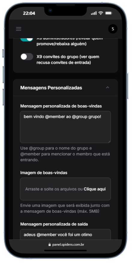 Tela de mensagens personalizadas no painel Spider Bot X com campos de boas-vindas e saída.