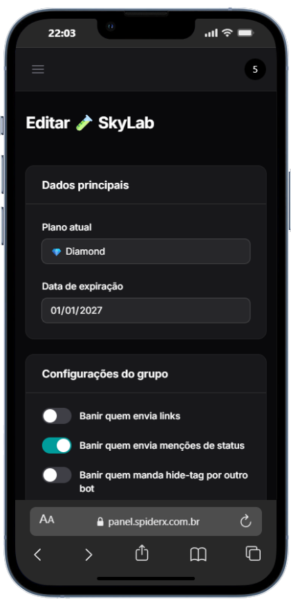 Configurações de grupo no painel Spider Bot X com proteção e controles rápidos.